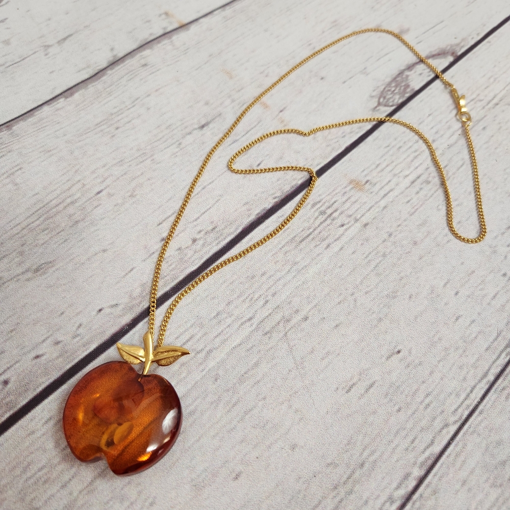 Gold Chain Necklace with Amber Apple Pendant - Women Jewelry